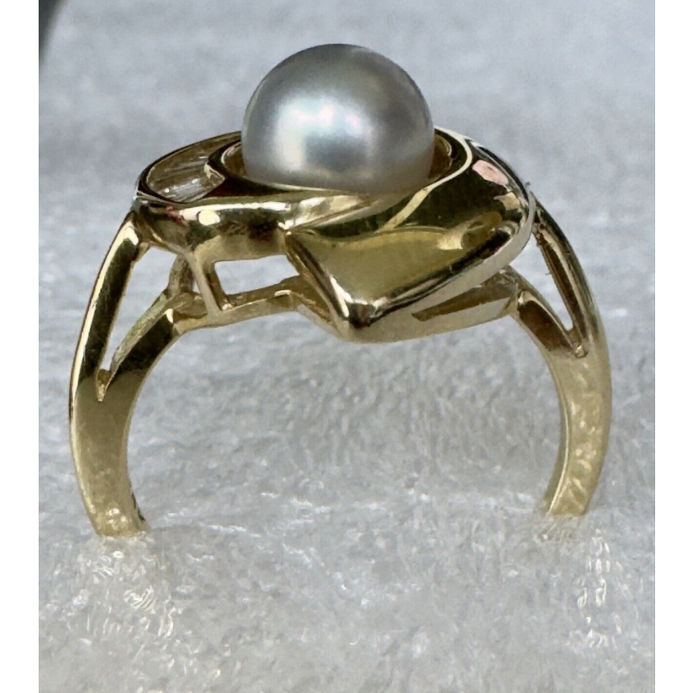Classic 14k Solid Yellow Gold Natural White Pearl and Diamond Ring Size 4.75 - Picture 4 of 10
